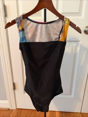 Natalie Dancewear Black Bodysuit with Multicolor Straps
